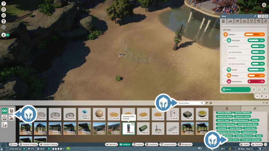 Cómo encontrar qué alimento y enriquecimiento para todos los animales en Planet Zoo
