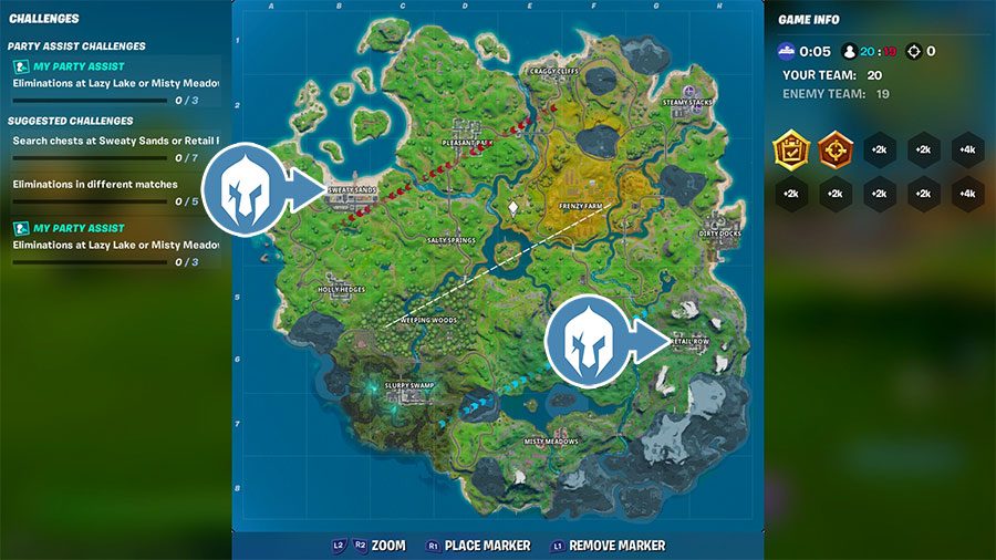 Buscar cofres en Sweaty Sands o Retail Row