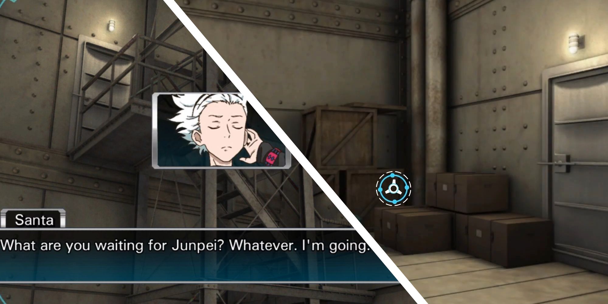 iamge of santa speaking, next to image of door in cargo room