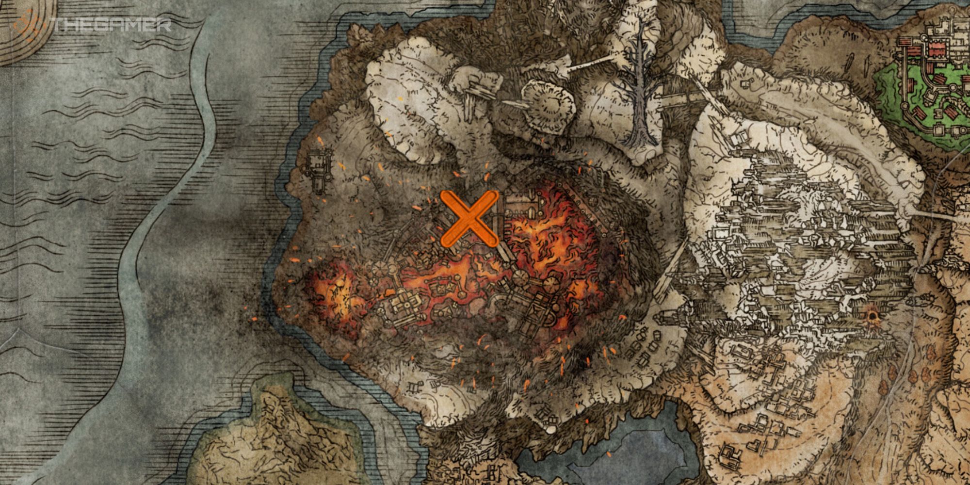 Mapa que muestra la ubicación de la Hechicería Furia de Gelmir dentro de Volcano Manor en Elden Ring