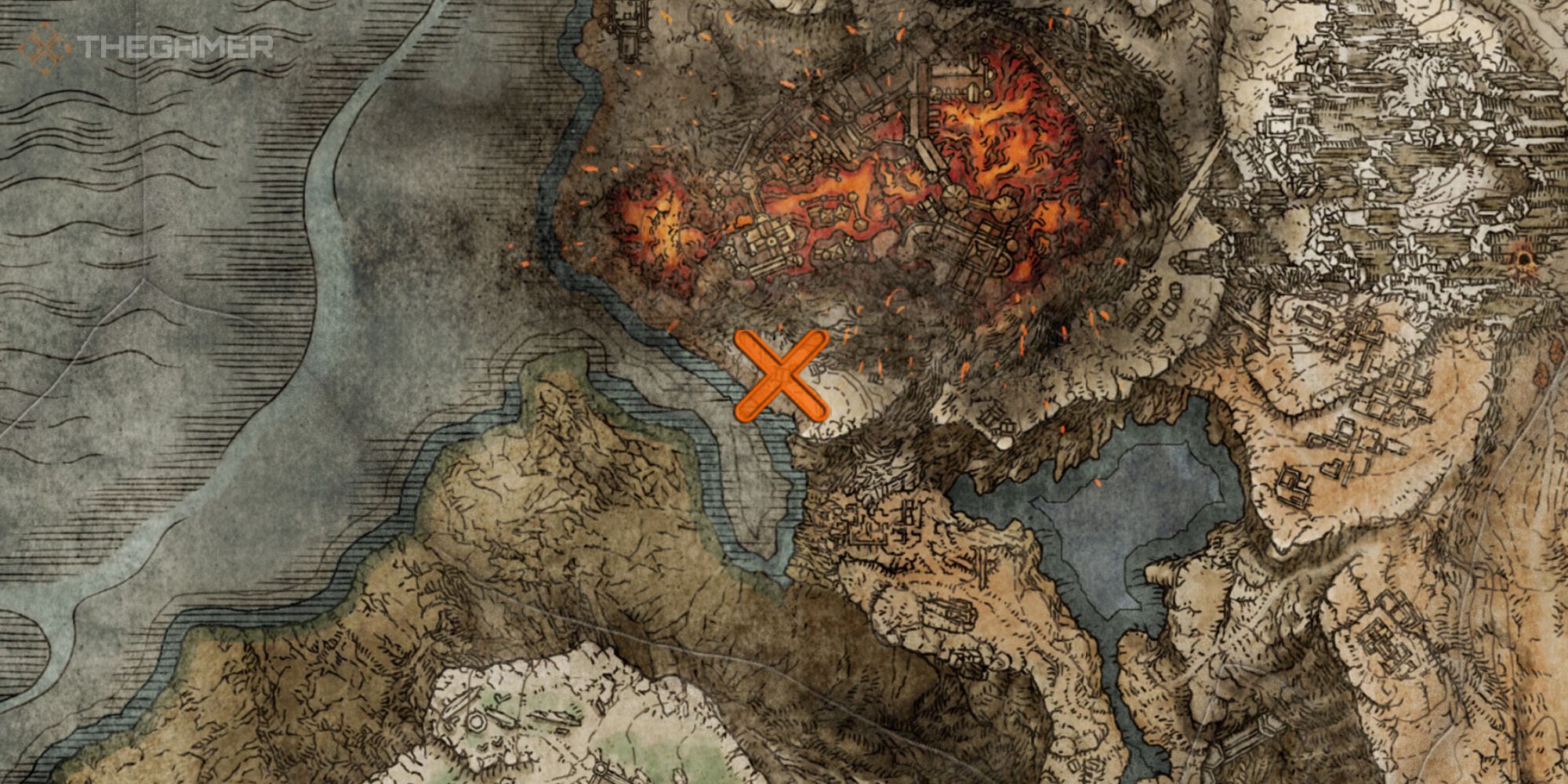 Mapa que muestra la ubicación de la hechicería de magma turbulento en Elden Ring