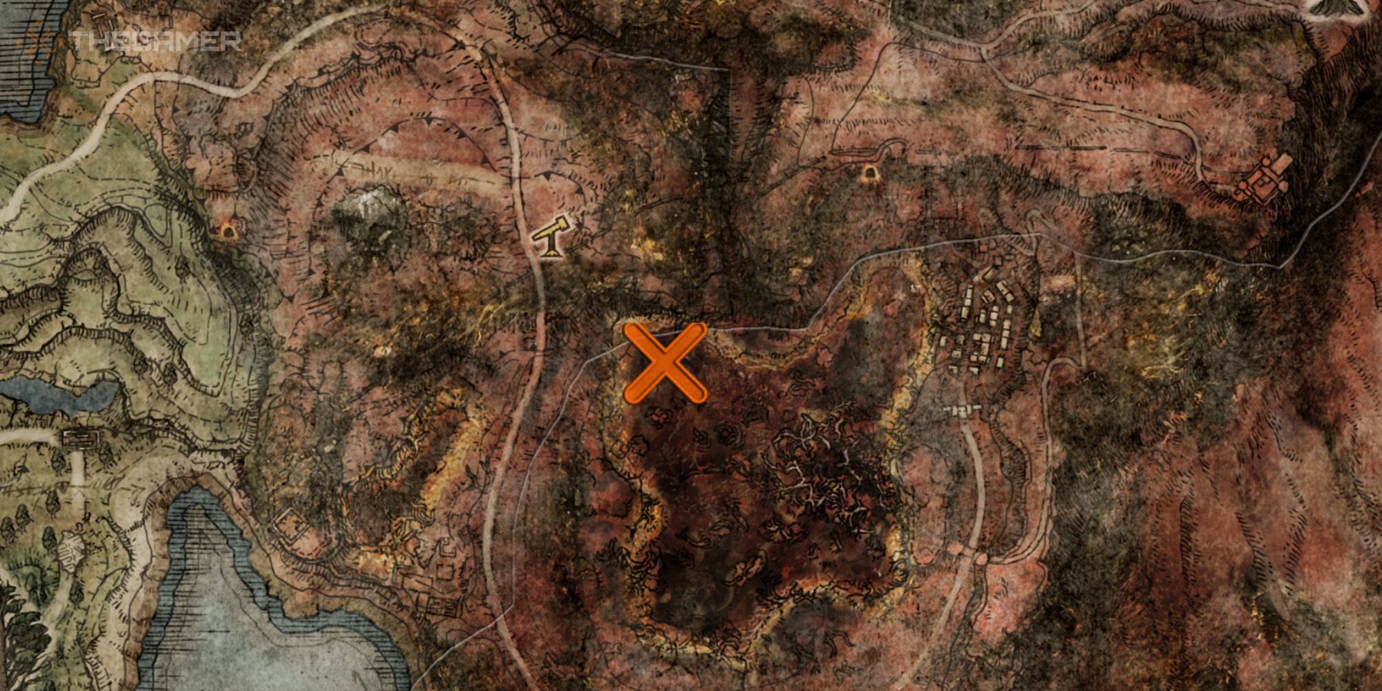 Mapa que muestra la ubicación de la hechicería Rock Sling en Elden Ring