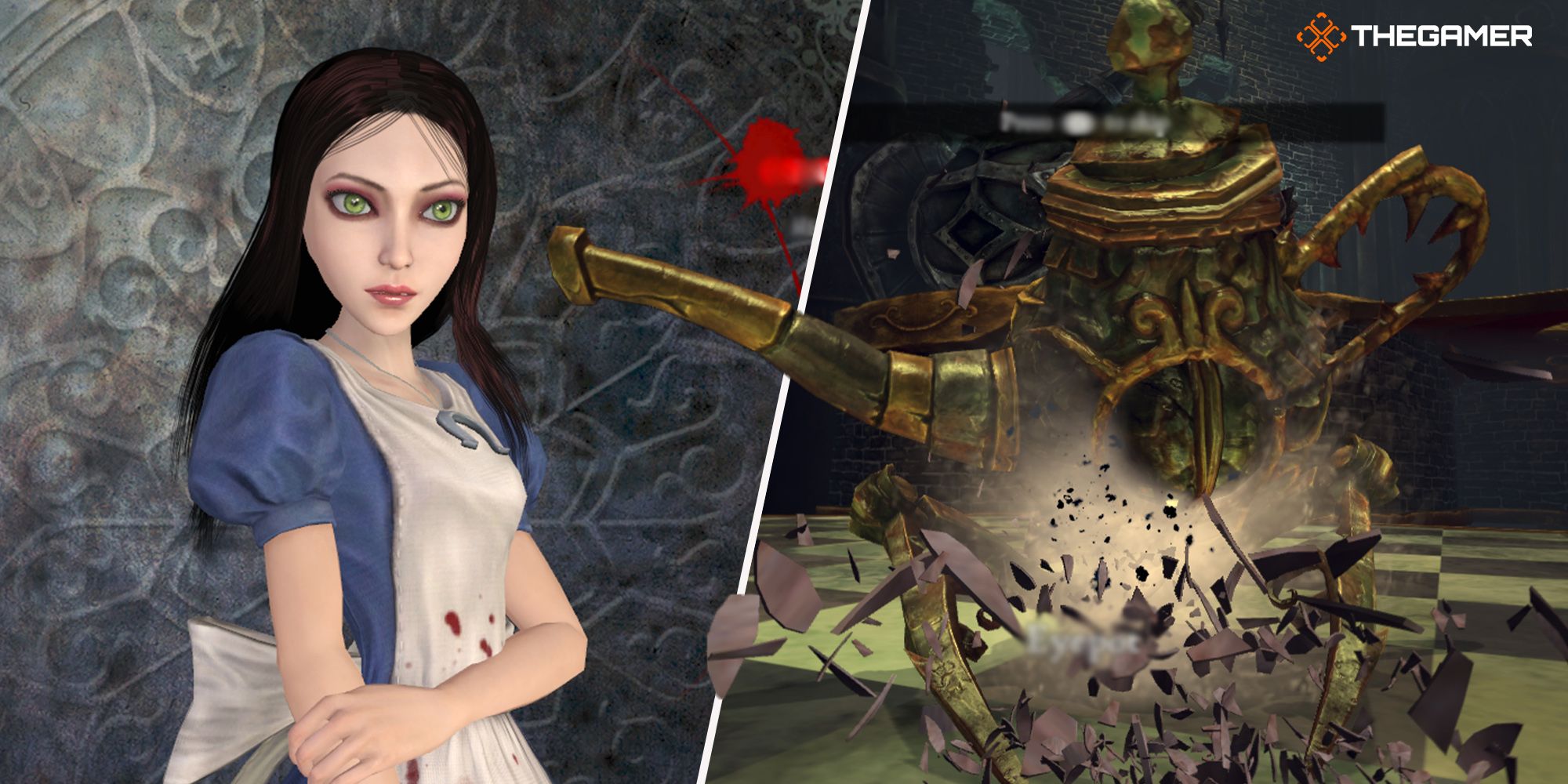 [Left Panel] Alice Lidell solemnly stands against an embossed grey wall in the main menu. [Right Panel] An eyepot smashes into the floor of the Mad Hatter's empire. Alice: Madness Returns.