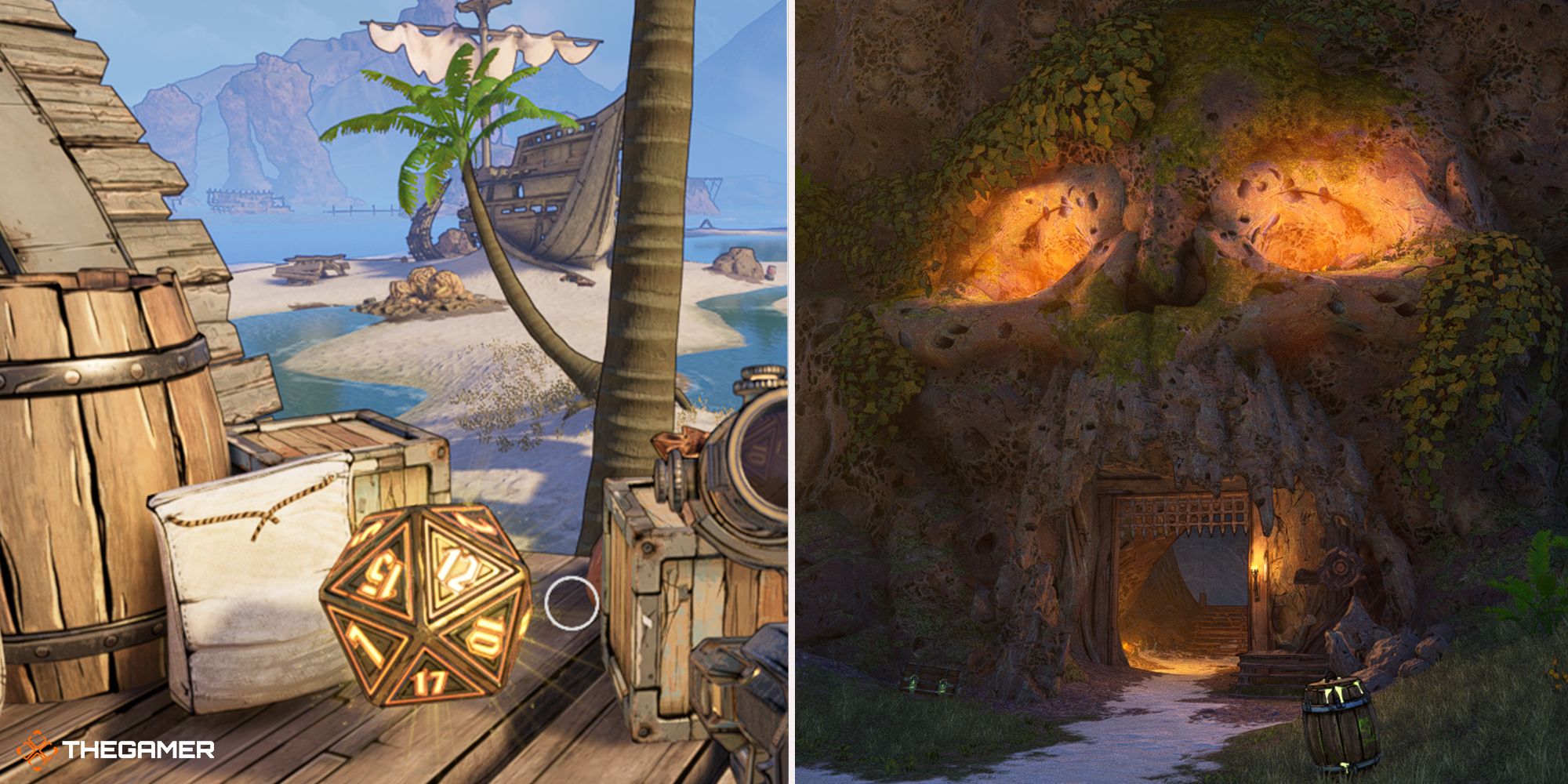 Tiny Tina's Wonderlands - Crackmast Cove - Lucky Die on left, Skull cave on right