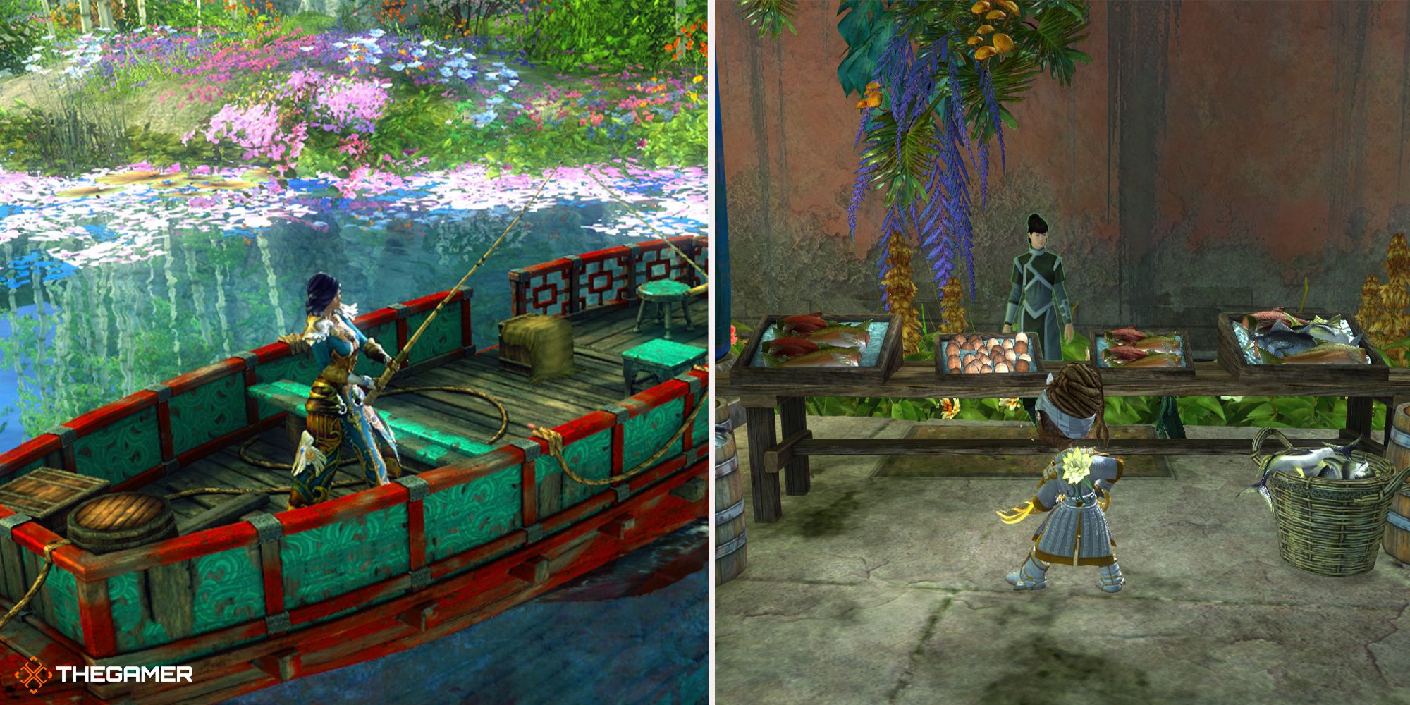 guild wars 2 end of dragons - player fishing on left, fish vendor on right