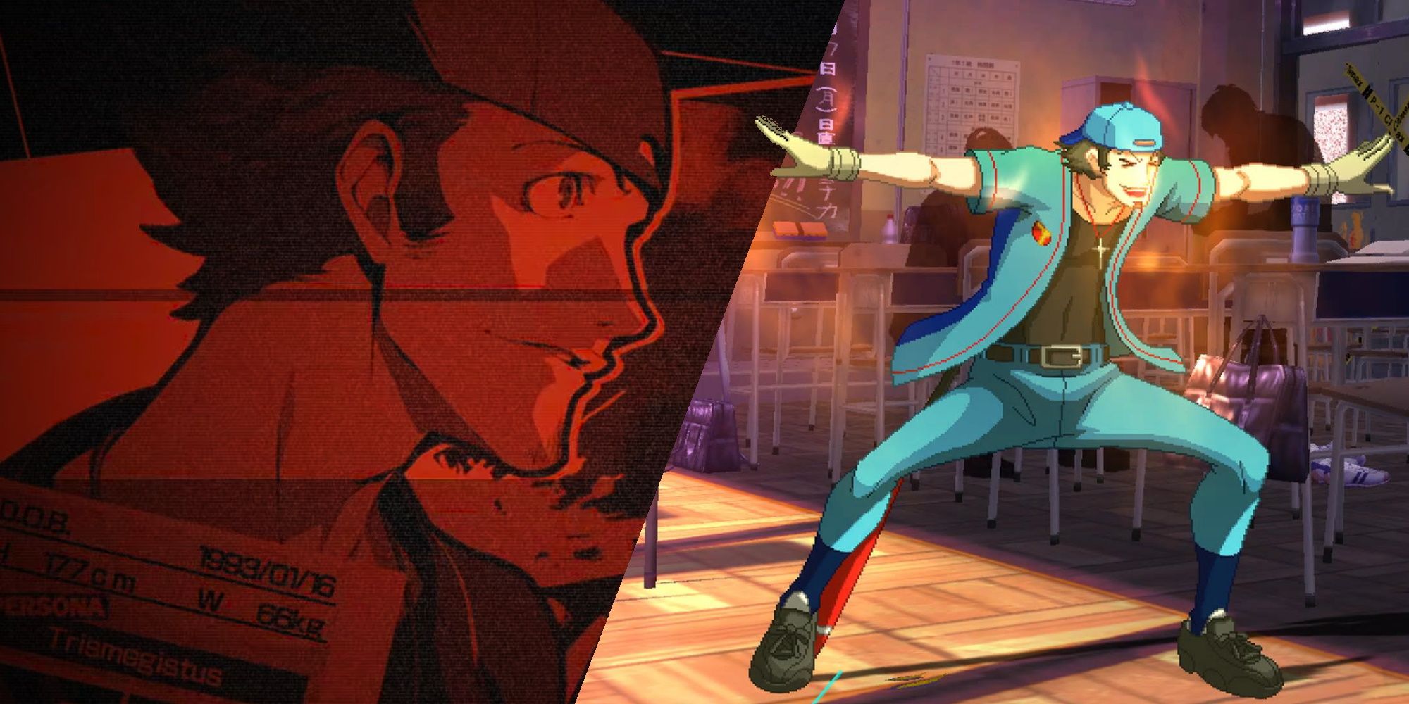 A split image showing Junpei's profile image and him making the safe sign.