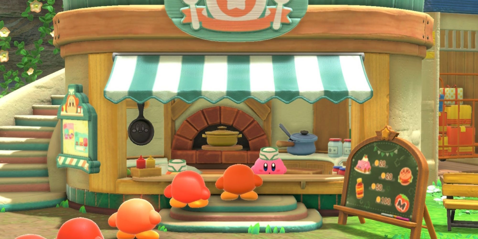 Kirby and the Forgotten Land Waddle Dee Cafe Kirby se prepara para su turno mientras los hambrientos Waddle Dees hacen cola para comer