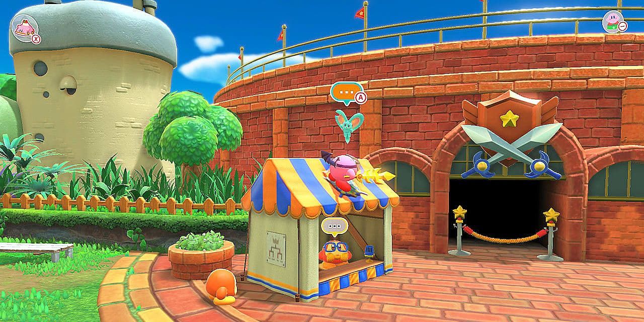 Kirby con la habilidad de espada de pie en la parte superior de la cabina frente al coliseo
