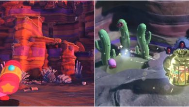 On the left is Kirby with a hammer by a cliff in Moonlight Canyon. On the right is Kirby next to three cacti and a glowing spot.