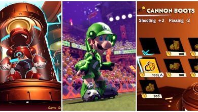 Split feature image featuring screenshots of a gear set on the main menu, Luigi celebrating a goal while wearing gear, and the boot selection screen