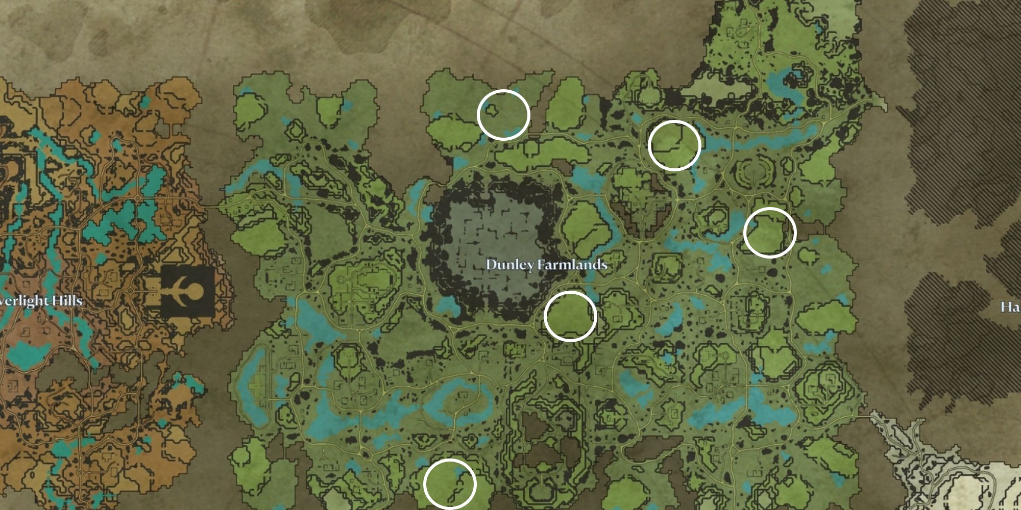Mapa de las tierras de cultivo de Dunley con ubicaciones potenciales para la construcción de castillos en un círculo