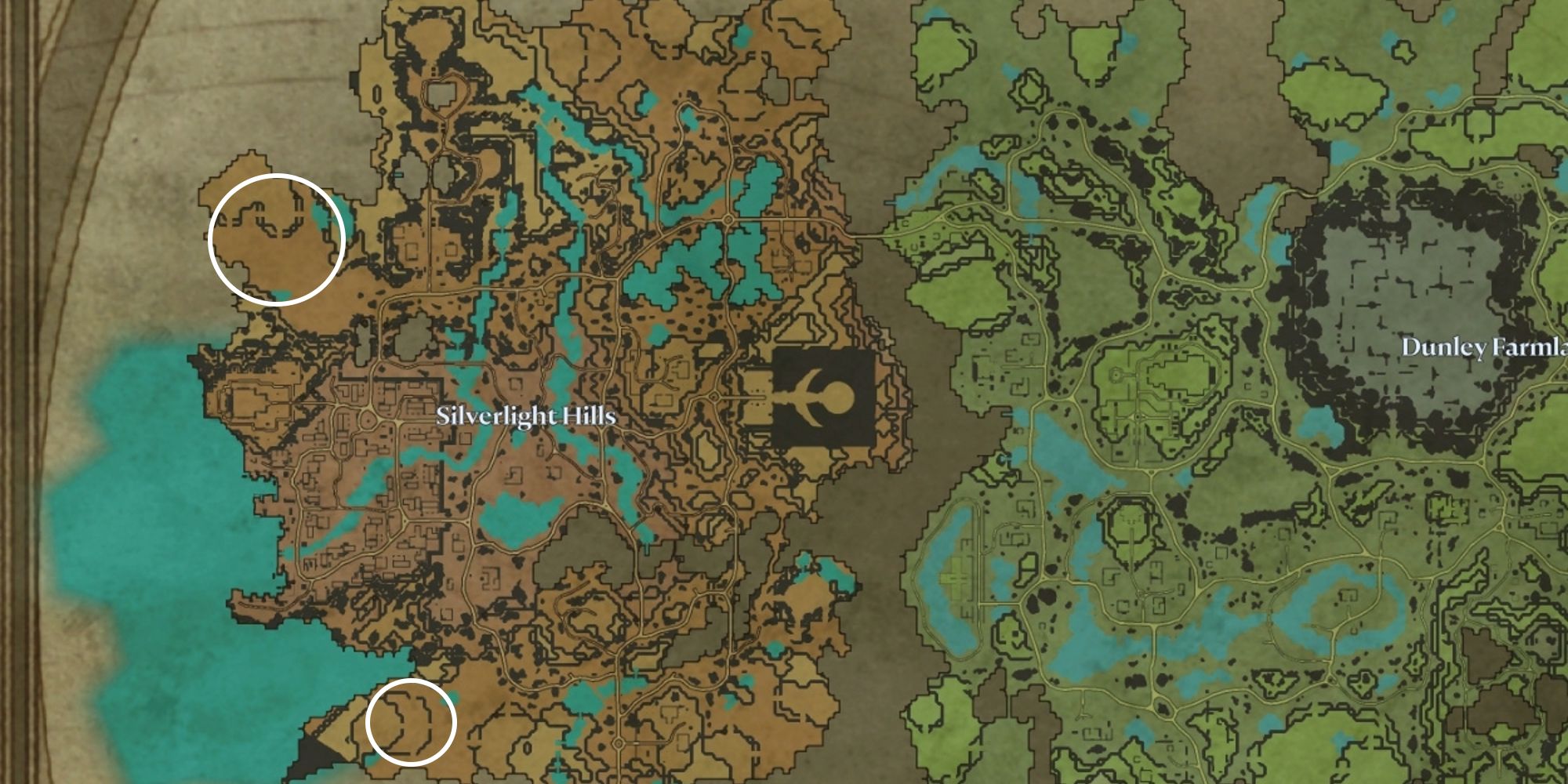 mapa de Silverlight Hills con posibles ubicaciones de construcción de castillos en un círculo