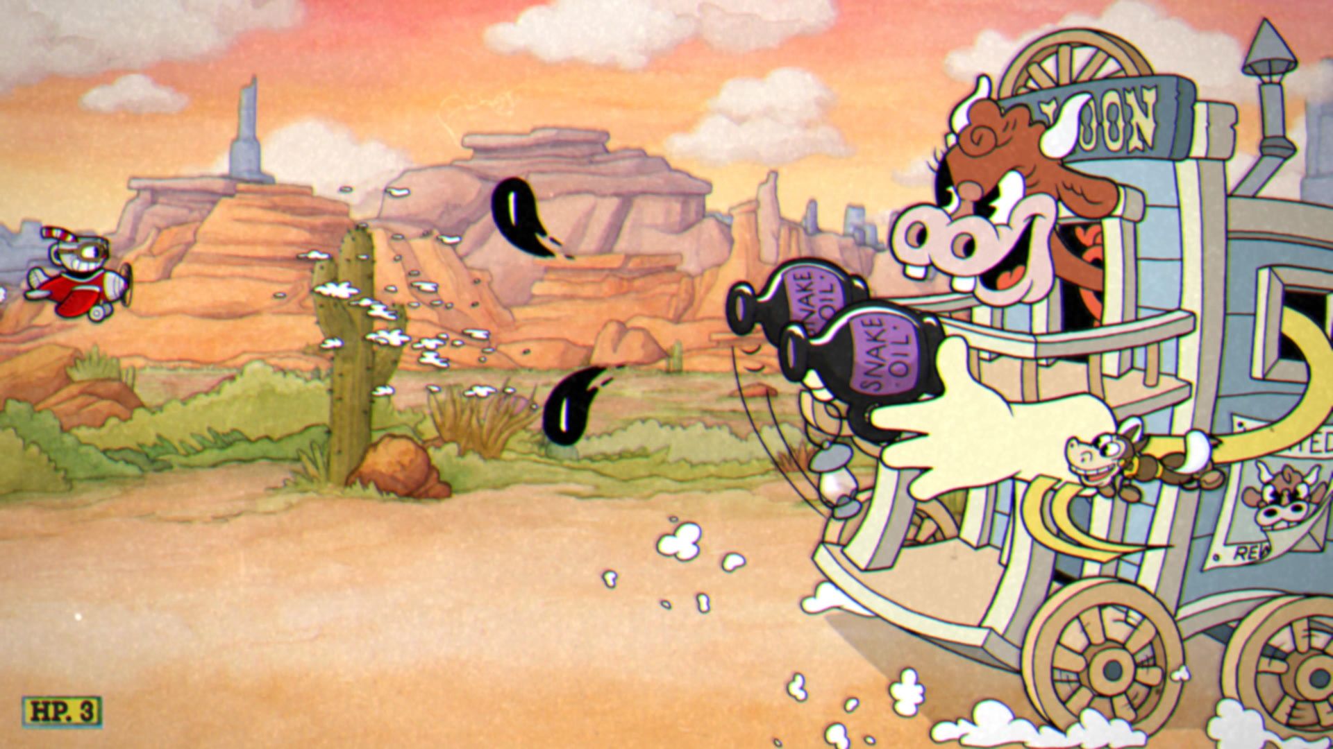 Cuphead The Delicious Course, Esther Winchester, Fase 1, Trago de aceite de serpiente