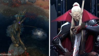 image of player fishing next to image of promotional art for v rising