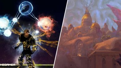 Guild Wars 2 - player wearing Coalescence, aurora, vision, conflux, and transcendence (left) & concept art (right)