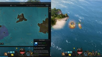 Lost Ark split image of Notos Island location on open seas and map location