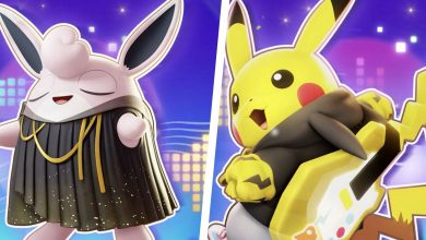 Songstress Style Wigglytuff split with an image of Band Style Pikachu, both from Pokemon Unite