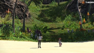 Final Fantasy 14 player and Tataru arrive at the Island Sanctuary