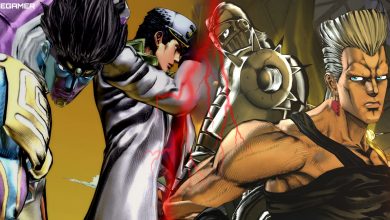 Jotaro Kujo, Jean Pierre, and their Stands, Star Platinum and Silver Chariot, separated by a red lightning bolt. Custom image for Jojo's Bizarre Adventure ASBR.