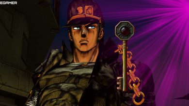 A purple light illuminates Jotaro Kujo and a Golden Wind key in this custom image for JoJo's Bizarre Adventure ASBR.