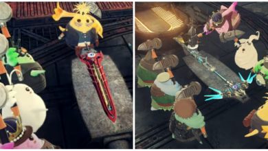Split image screenshots of Nopon upgrading weapons in Xenoblade Chronicles 3.