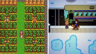 split image showing hops field and player next to pam at the bus stop