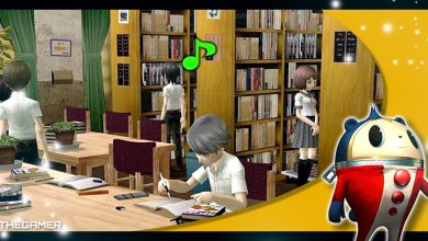 Persona 4 Golden - Yu studying in the library with a Teddie overlay in the corner.
