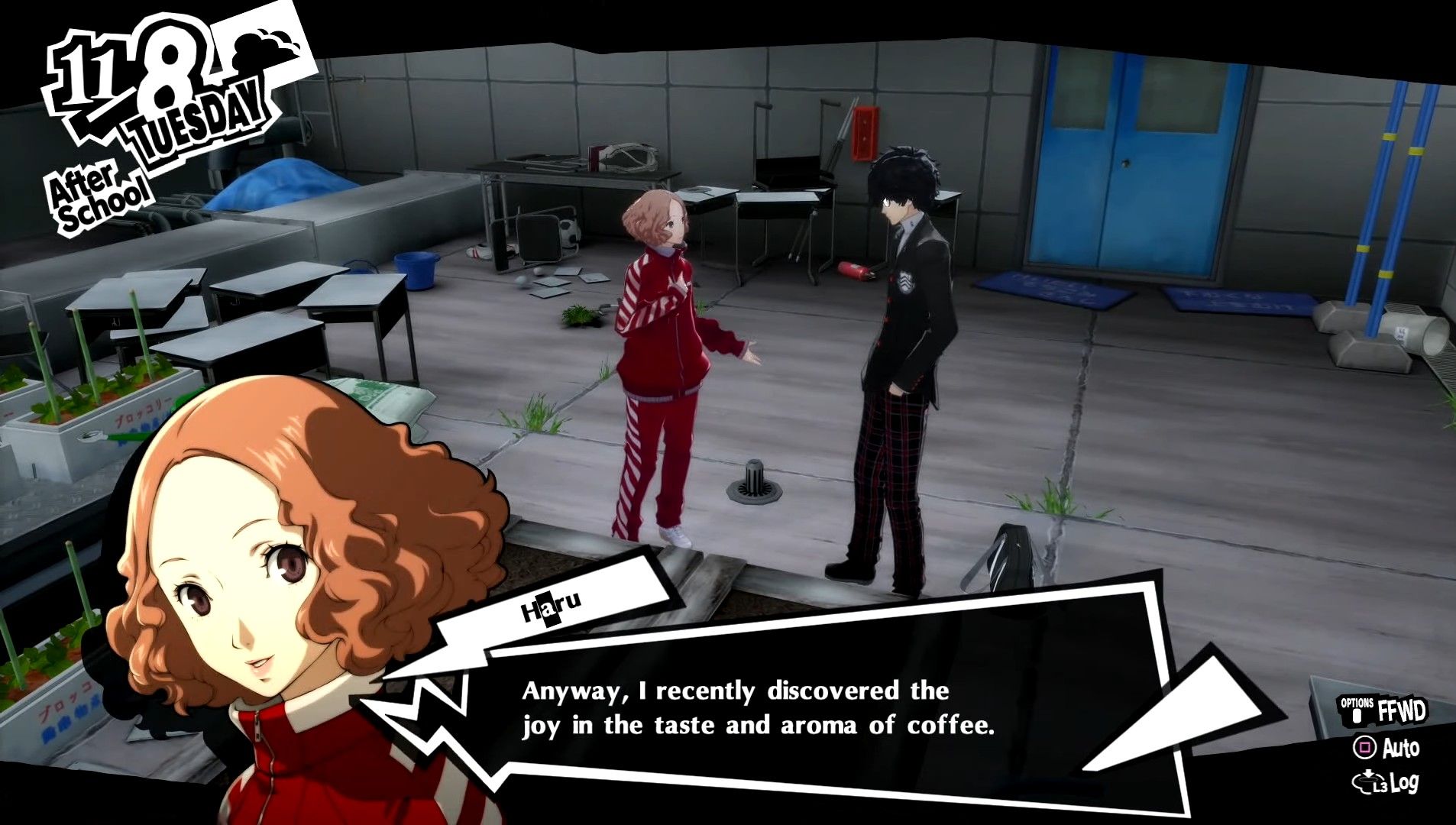 haru diciéndole al bromista que descubrió que le gusta cultivar café en persona 5 royal