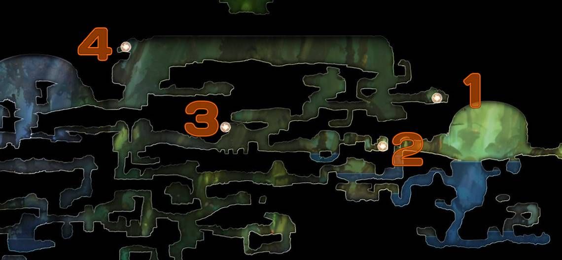 Mapa de Ori and the Blind Forest Thornfelt Swamp marcado con las ubicaciones de los puntos de habilidad