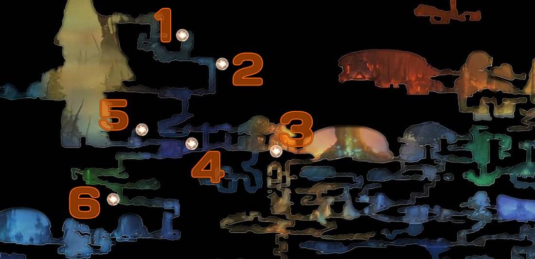 Mapa de Ori and the Blind Forest Valley of the Winds marcado con las ubicaciones de los puntos de habilidad