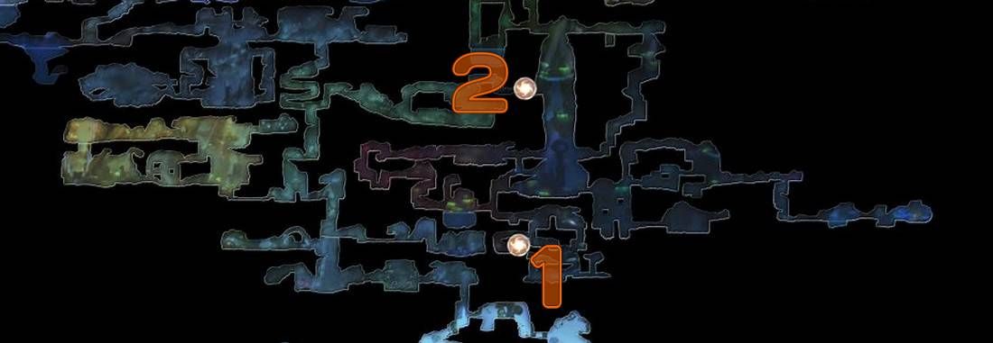 Mapa de Ori and the Blind Forest Moon Grotto marcado con las ubicaciones de las celdas de habilidad