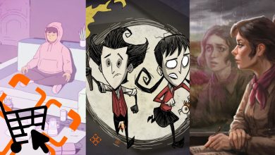 Split image screenshots of characters in Melatonin, Don't Starve Together, and The Excavation of Hob's Barrow.