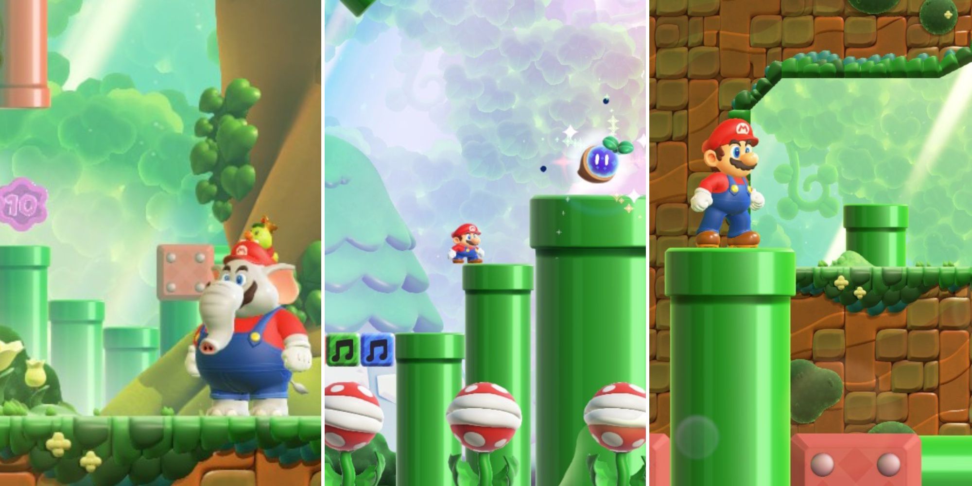 Una imagen de tres paneles de Super Mario Bros Wonder que muestra a Mario, el elefante, con una moneda morada al fondo, una semilla maravillosa en una pipa y a Mario en primer plano con una pipa al fondo.