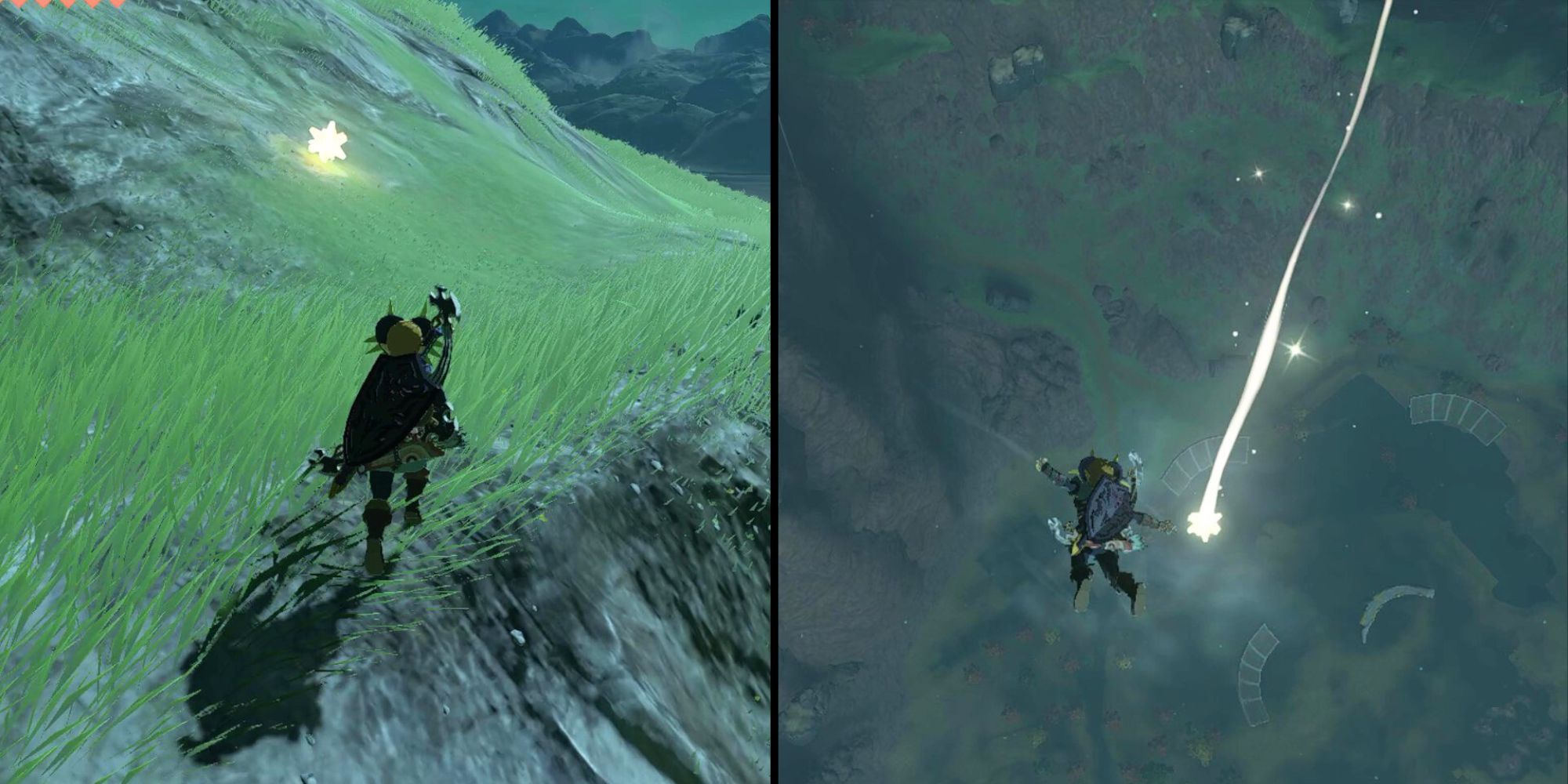 Imagen dividida de Link encontrando fragmentos de estrellas en The Legend of Zelda: Tears of the Kingdom