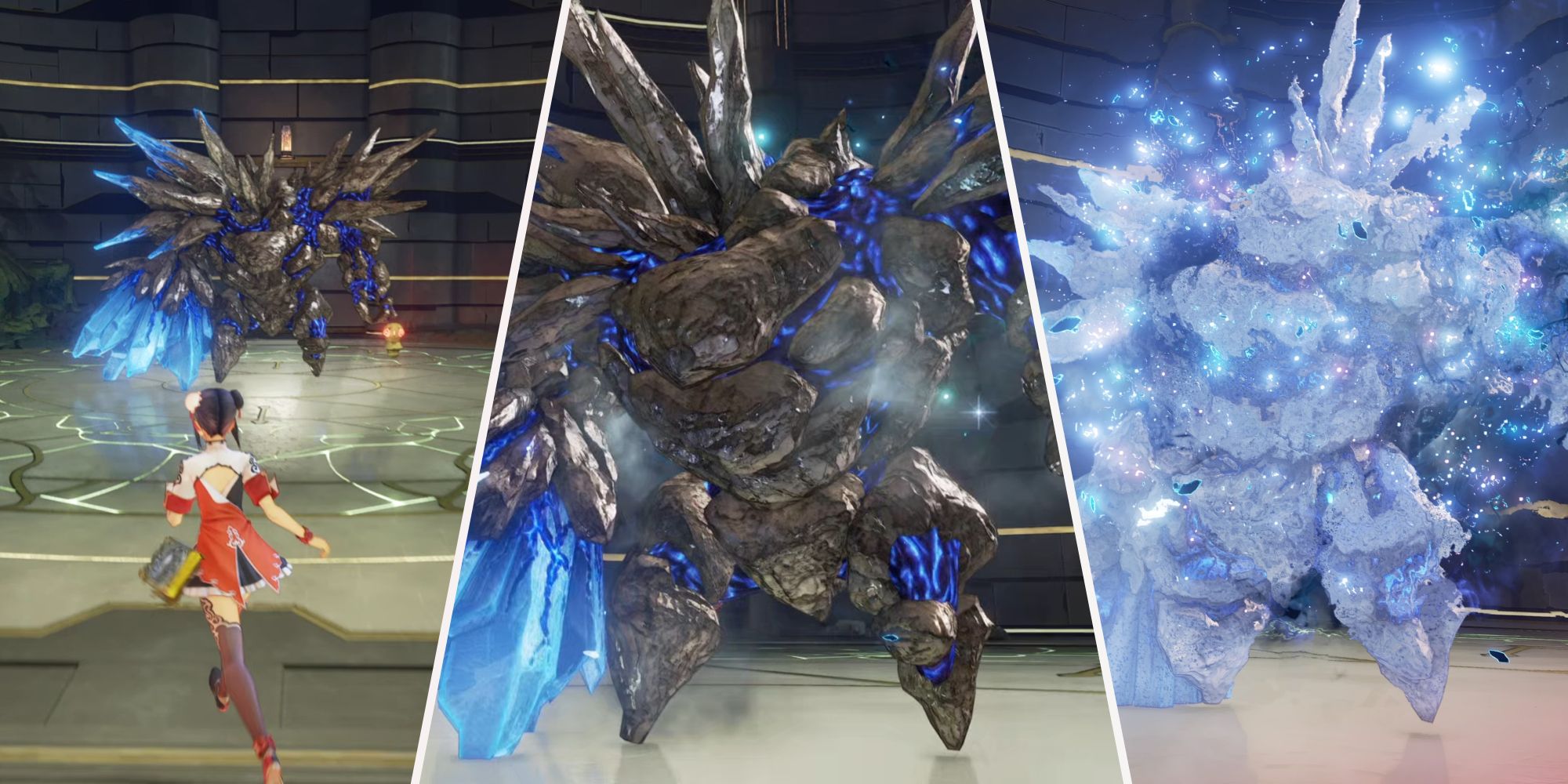 Un collage de imágenes que muestran el encuentro con el jefe Megawrecker en Tales of Arise: Beyond the Dawn