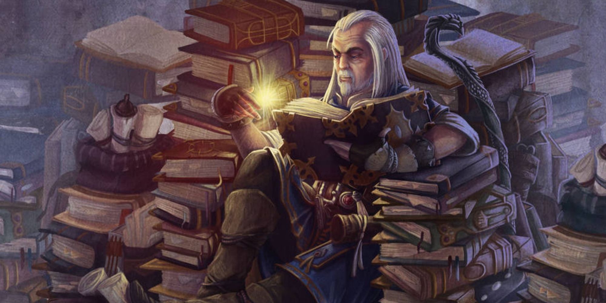 Ezren el Mago leyendo con un truco de Luz en Pathfinder