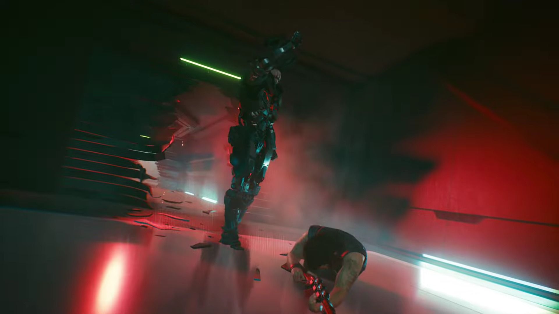Adam Smasher acercándose a Saul en Belly of the Beast Quest Cyberpunk 2077 