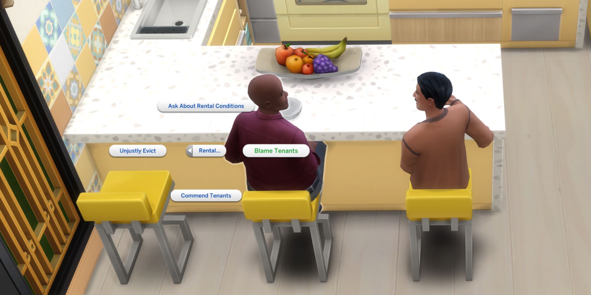 sims 4 en alquiler preguntando a un inquilino sobre su experiencia-1