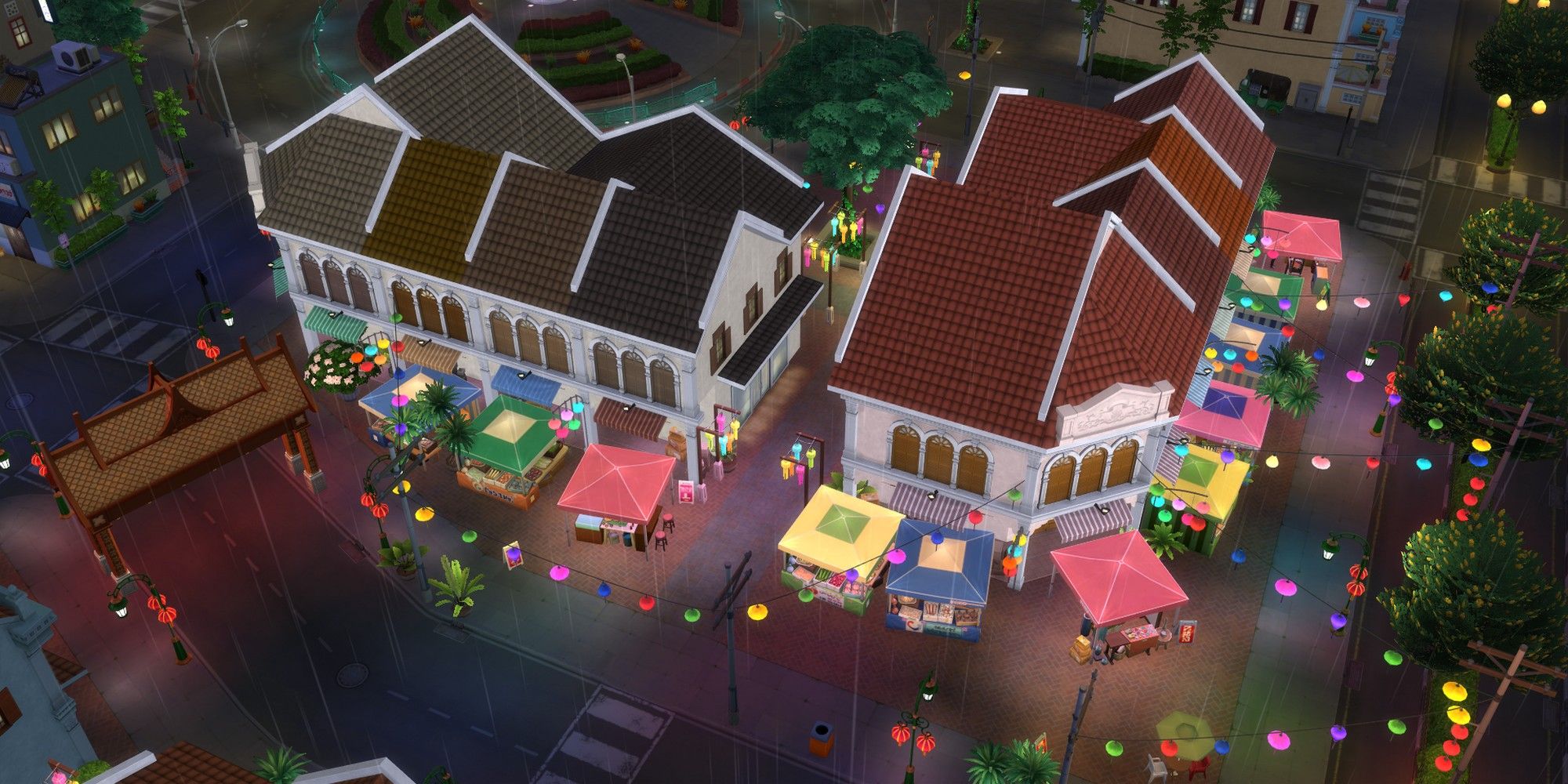 Escuché una vista del mercado nocturno de Tomarang en Morensong. Los Sims 4 en alquiler.