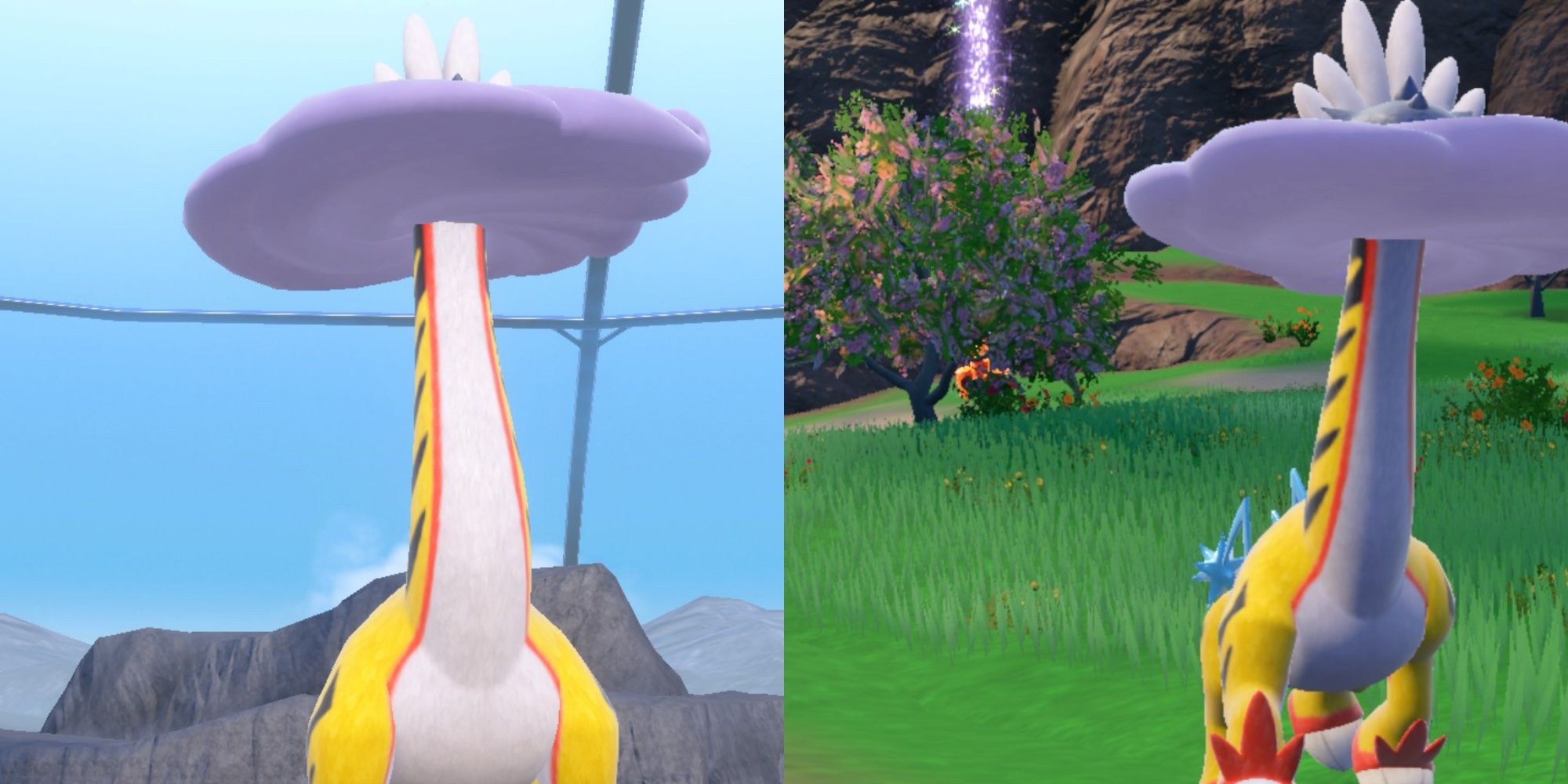 Imagen de collage de Raging Bolt caminando en diferentes partes del Terarium en Pokémon Scarlet & Violet.