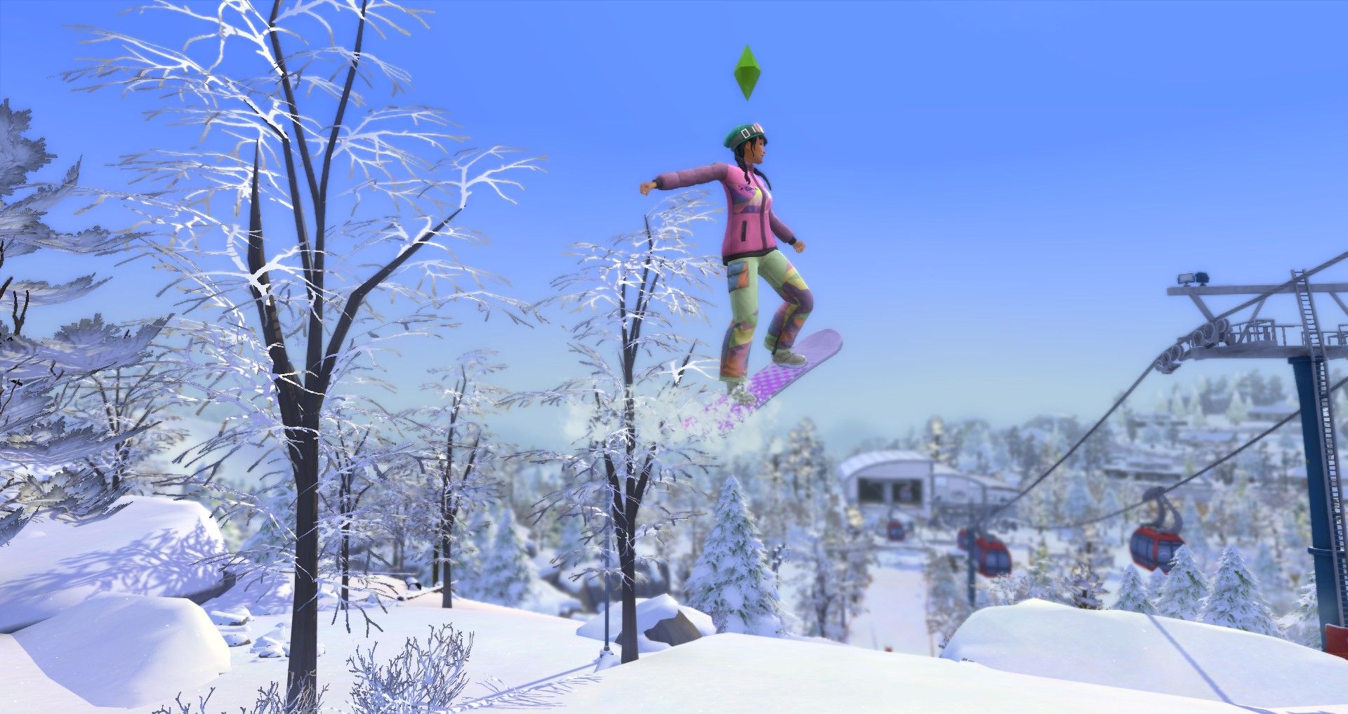 una sim femenina en el aire haciendo un truco mientras practica snowboard en el monte.  komorebi los sims 4 habilidad de snowboard de escape nevado