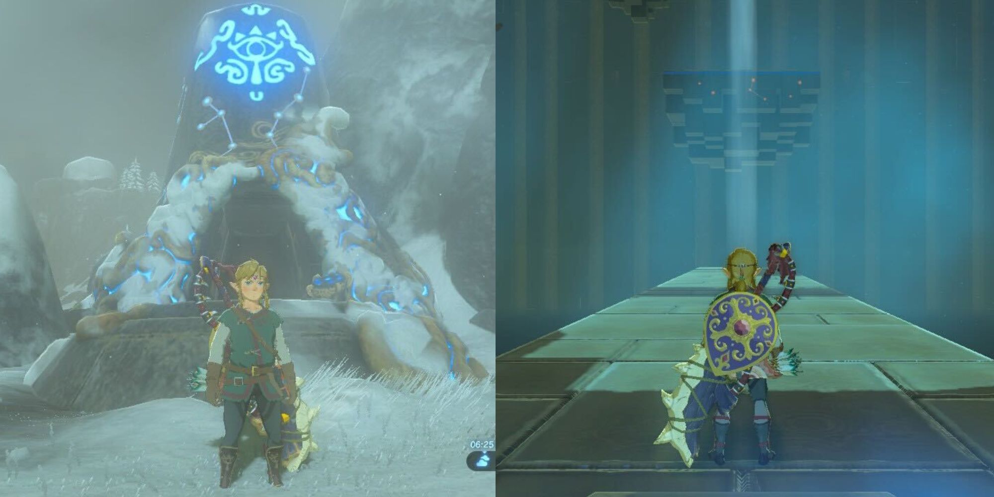 Pantalla dividida de Breath of the Wild de Link frente y dentro del santuario Sha Warvo.