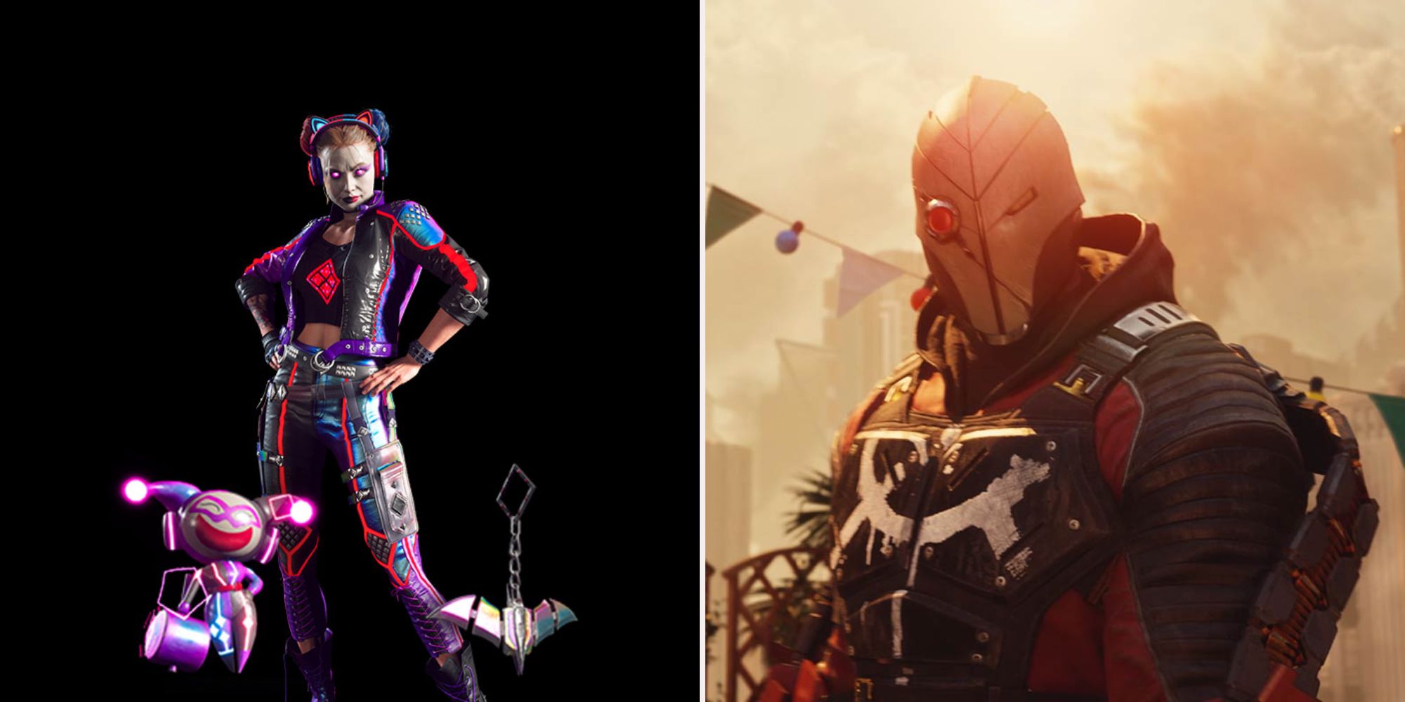 A la izquierda, Harley Quinn con un cosmético Twitch Drop.  Bien, Deadshot mirando la pantalla.
