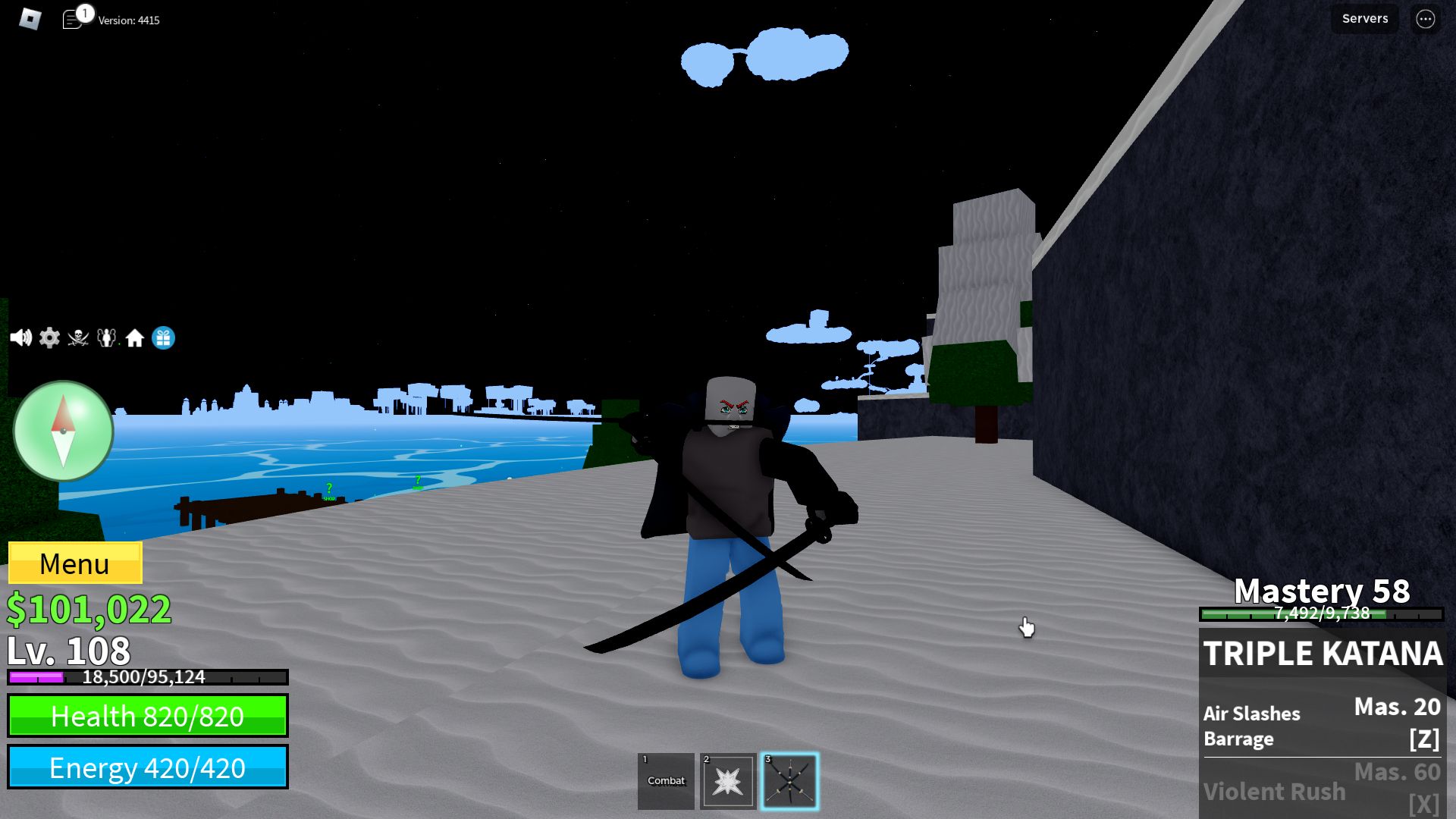 Blox Fruits en Roblox, un personaje que usa triple katana