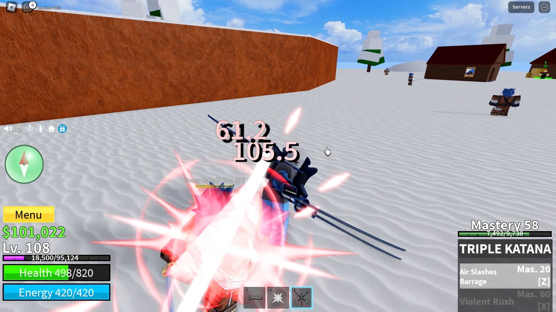 Roblox Blox Fruits, un personaje que lucha contra enemigos en la isla del pueblo helado