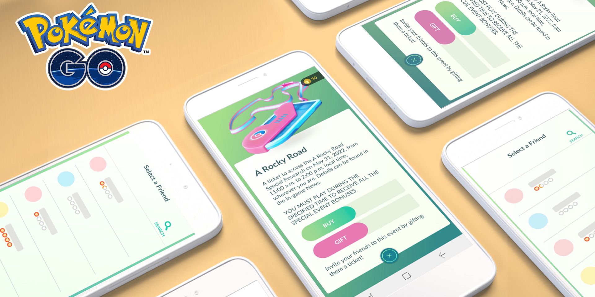 Varios teléfonos en Pokémon Go, el del medio muestra la pantalla de compra de entradas de "A Rocky Road"