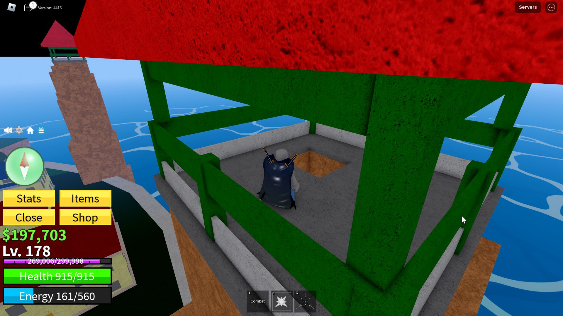 Roblox Blox Fruits, un personaje en una torre junto al mar