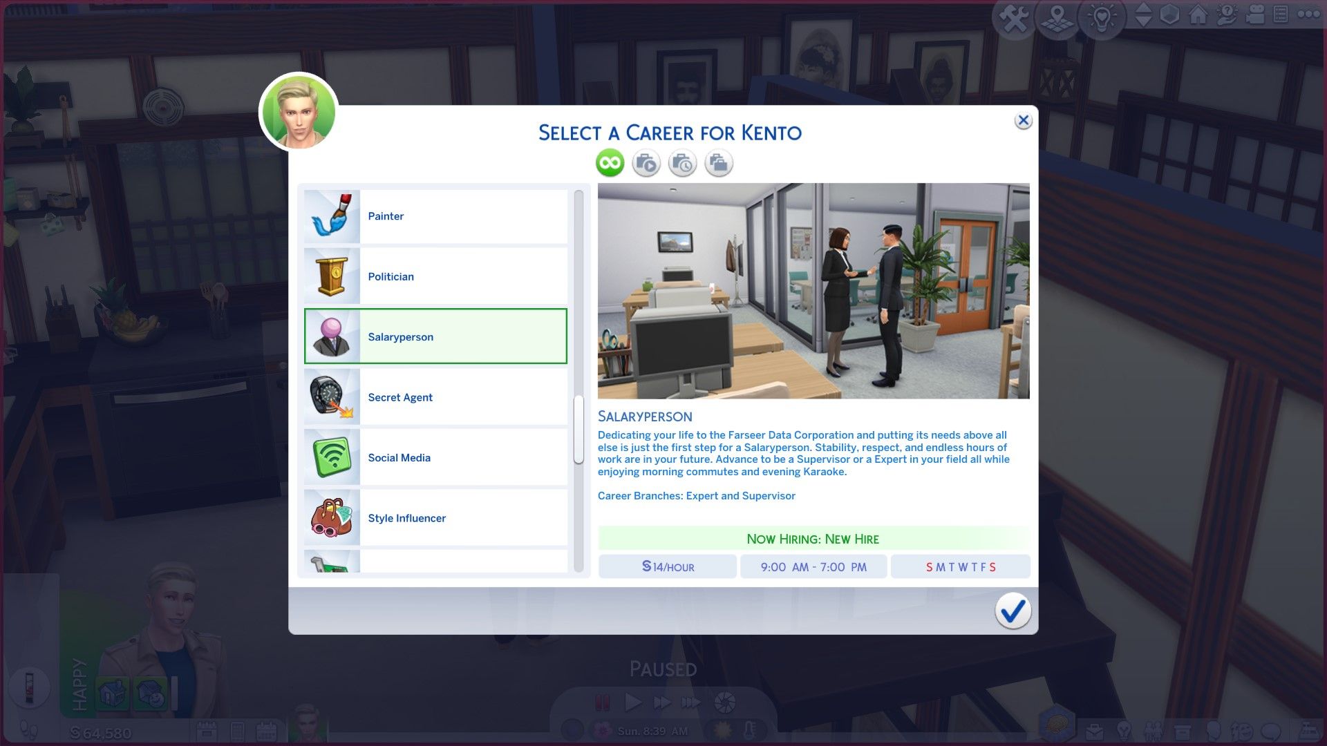 Los Sims 4: una captura de pantalla del menú de selección de carrera con la carrera de persona asalariada resaltada