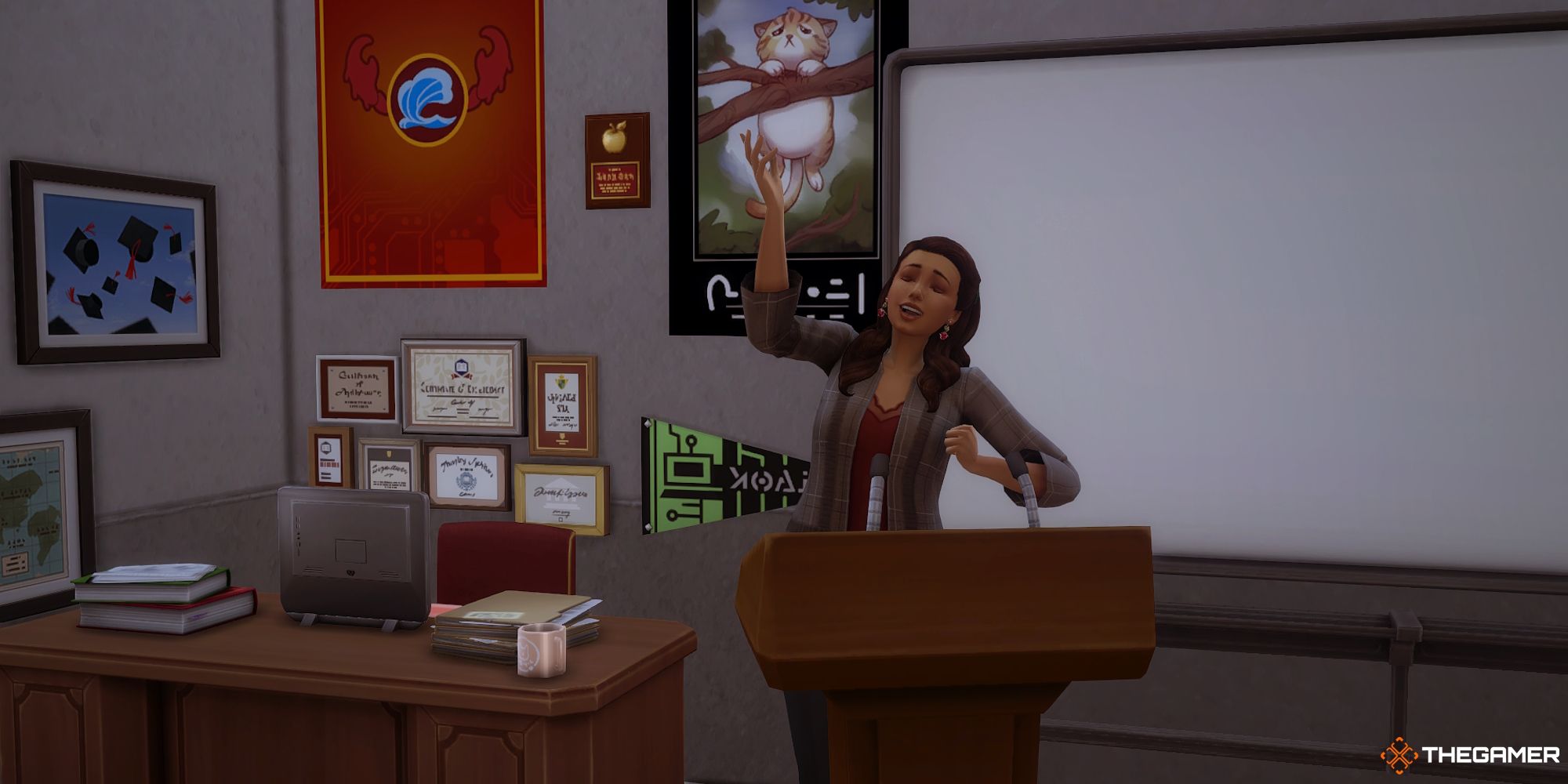 Un Sim de la carrera de Educación imparte una clase en Los Sims 4