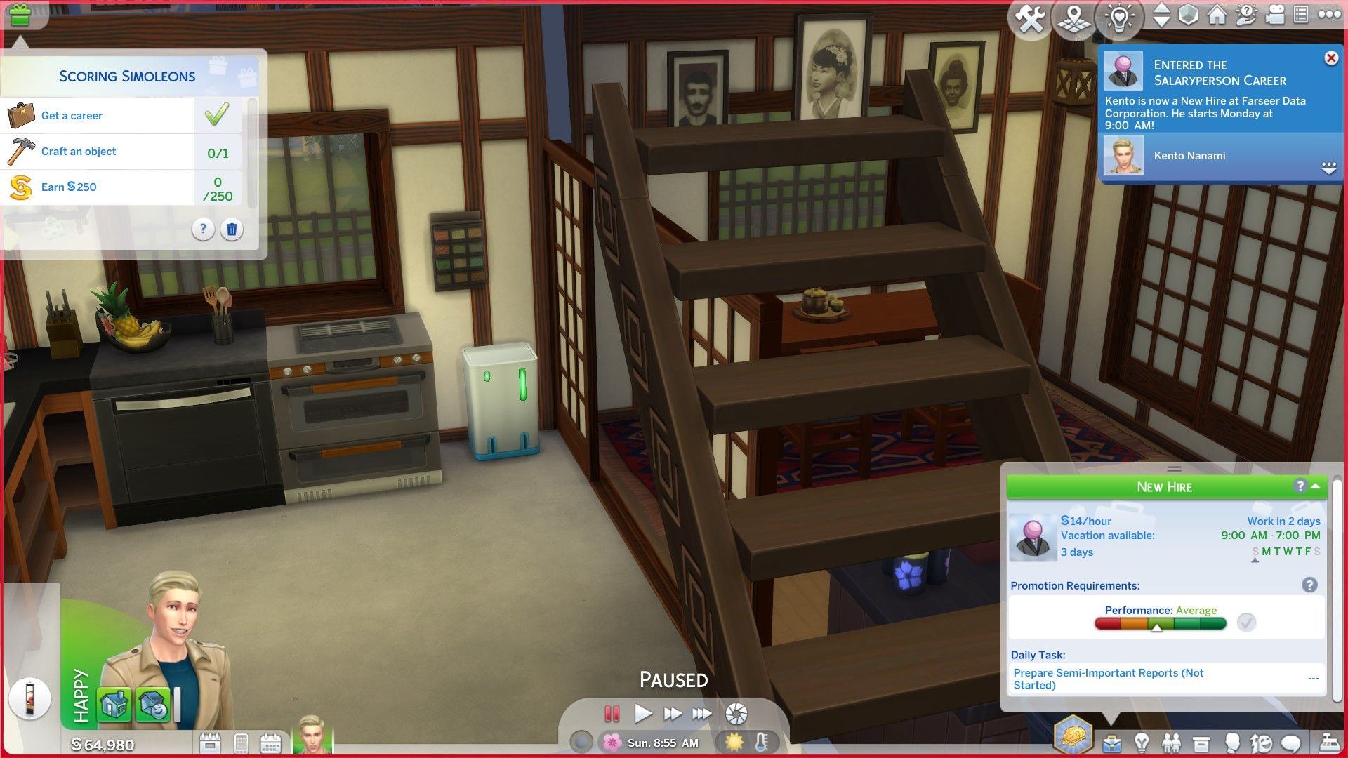 Sims 4: Un Sim comienza la carrera de Persona asalariada y recibe una notificación de 